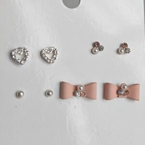 HM Women 4 Pair Stud Earring Set Pink Bow Silver Heart Faux Pearl Rhinestone New